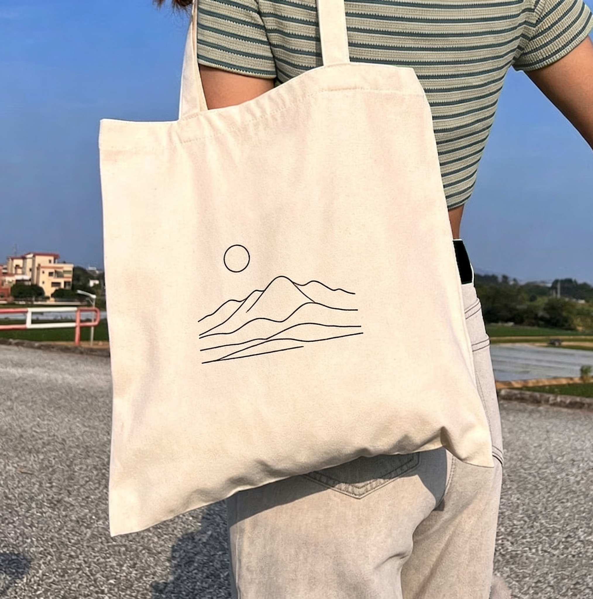 Embroidered Cotton Canvas Tote Bag Reusable Shoulder Shopping Bag